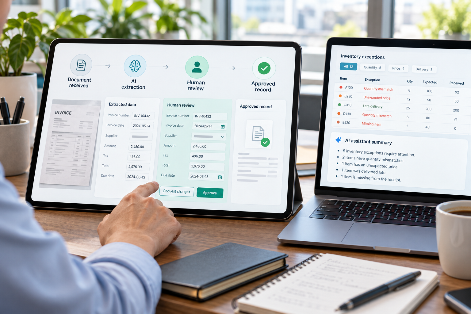 Concept illustration of AI invoice extraction, human review, and approved ERP records