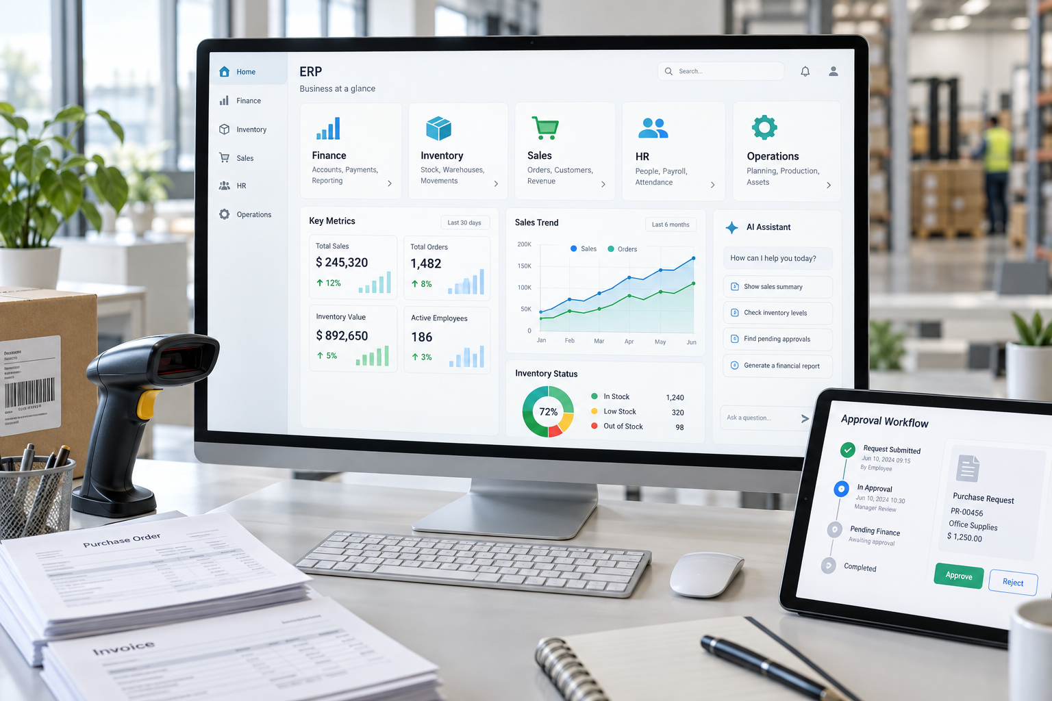 Concept illustration of an ERP dashboard connecting finance, inventory, sales, HR, operations, and AI assistance